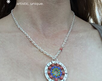 Mandala Pendant Silver Plated Necklace in Coral Pink, Periwinkle, Yellow and Teal Colors