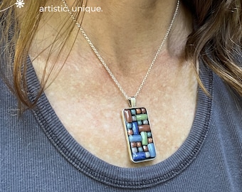 Handmade Mosaic Pendant Necklace: Colorful Glass Tile, Boho Style