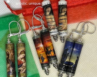 Handmade Christmas Stamp Paper Bead Earrings: Upcycled Nativity Jewelry