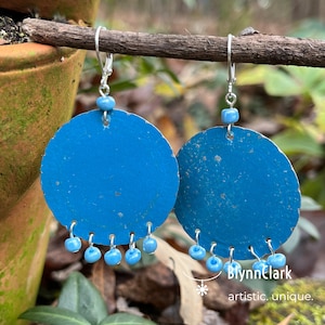 Recycled Bottle Cap Earrings Blue Orange Upcycled Sustainable Jewelry Ethical Boho Hippie Bohemian Gift Yoga Leverback Ear