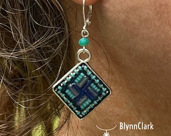 Handmade Diamond Mosaic Dangle Earrings: Blue Turquoise Silver Beads