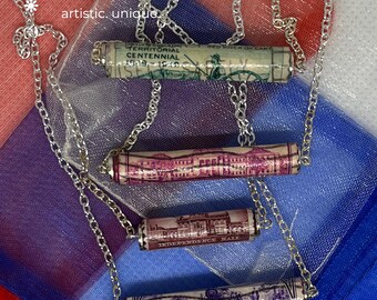 Paper Bead Pendant Necklace with Vintage U.S. Stamp Handcrafted Eco-Chic Independence Hall Idaho 50th Transcontinental Railroad Minnesota