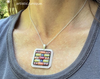 Mosaic Pendant Necklace: Colorful Glass Tile, Silver Bezel, Rolo Chain