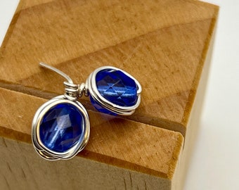 Deep blue wire wrapped stud earrings