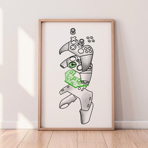 May include: A black and white line drawing of a disassembled video game controller. The controller is shown in pieces, with the buttons, joysticks, and other components visible. The drawing is framed in a light wood frame and is hanging on a white wall.