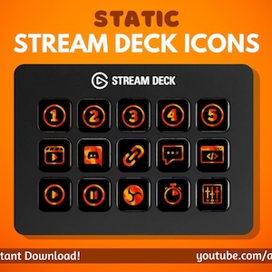 May include: Black Stream Deck with orange and yellow icons. The icons include numbers, a play button, a pause button, and symbols for Discord, a link, a chat bubble, a timer, and settings. The text "STATIC STREAM DECK ICONS" is at the top.