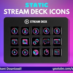 Pode incluir: Um Stream Deck preto com 15 botões personalizáveis. Os botões têm uma variedade de ícones, incluindo números, play, pausa e um link. O texto "STREAM DECK" é exibido no dispositivo. O texto "Download instantâneo!" está no canto inferior esquerdo e "youtube.com/aleaty" está no canto inferior direito.