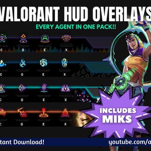 Peut inclure: Image promotionnelle pour les superpositions d'interface utilisateur de Valorant. L'image présente une illustration de personnage avec une palette de couleurs violet et vert, et diverses icônes représentant différents agents. Le texte comprend "VALORANT HUD OVERLAYS" et "EVERY AGENT IN ONE PACK!!".