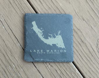 Lake Marion, SC. Slate Coasters - Laser Engraved (2 Coasters)