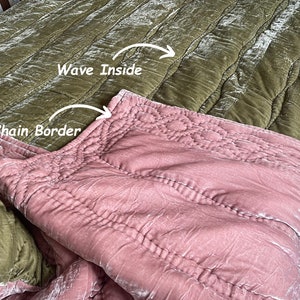 Green and Pink Silk Velvet Quilt and Pillowcases| Hand Quilted Silk Velvet Quilted Duvet| Gorgeous Silk Velvet King Queen Oversized Blanket