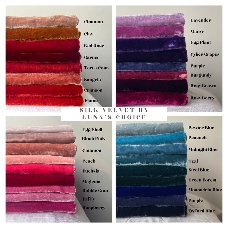 May include: A collection of fabric swatches in various colors, including red, blue, green, and purple. The swatches are labeled with names like "Cinnamon", "Clay", "Red Rose", "Lavender", "Mauve", and "Egg Plant". The text "SILK VELVET BY LUNA'S CHOICE" is displayed at the center of the image.