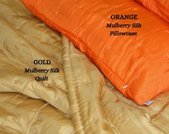 Gold Mulberry Silk Blanket| Lightweight Silk Quilt King Queen Oversized| Softest Silk Throw Blanket| Handmade Silk Bedspreads Bed Runner