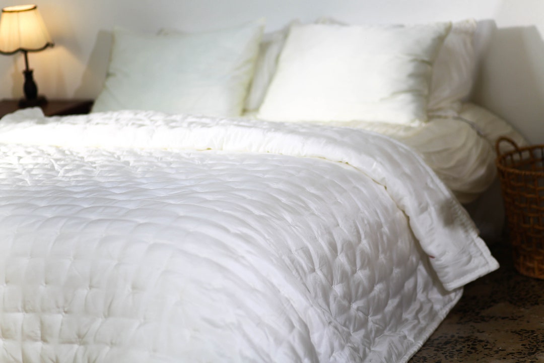 Lightweight Mulberry Silk Comforter Set White Silk Blanket and Pillowcases Queen King Size