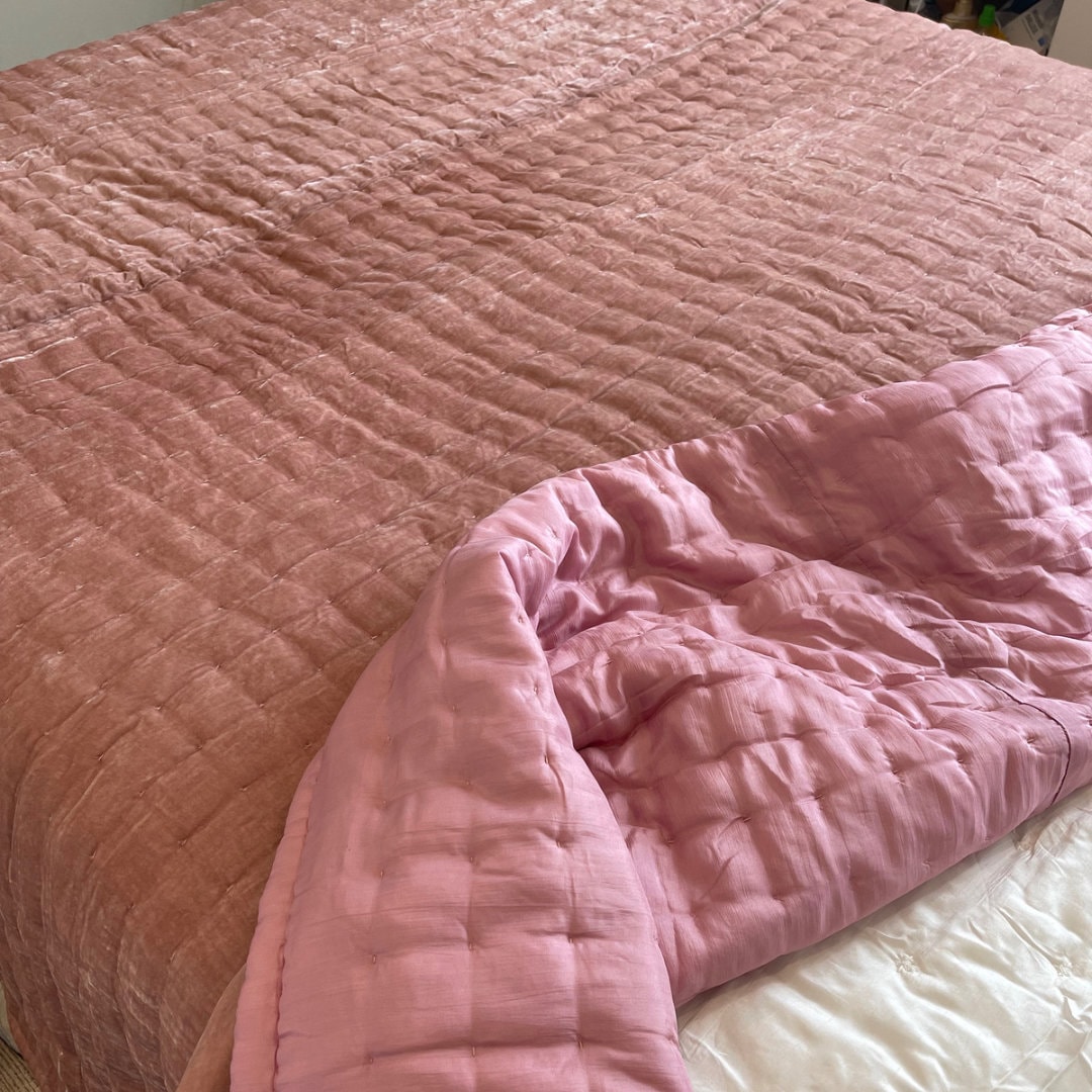 Pink Silk Velvet Comforter Set Cozy Blanket Winter Handmade Quilted