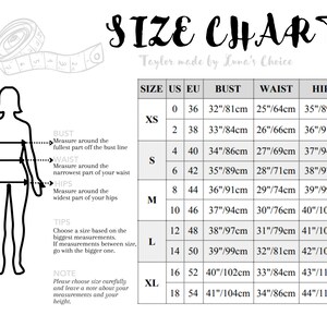 Op de afbeelding: Maattabel met borst-, taille- en heupmaten in inches en centimeters. Maten vari&euml;rend van XS tot XL, met US- en EU-equivalenten. De tekst luidt "SIZE CHART" en "Taylor made by Luna's Choice."