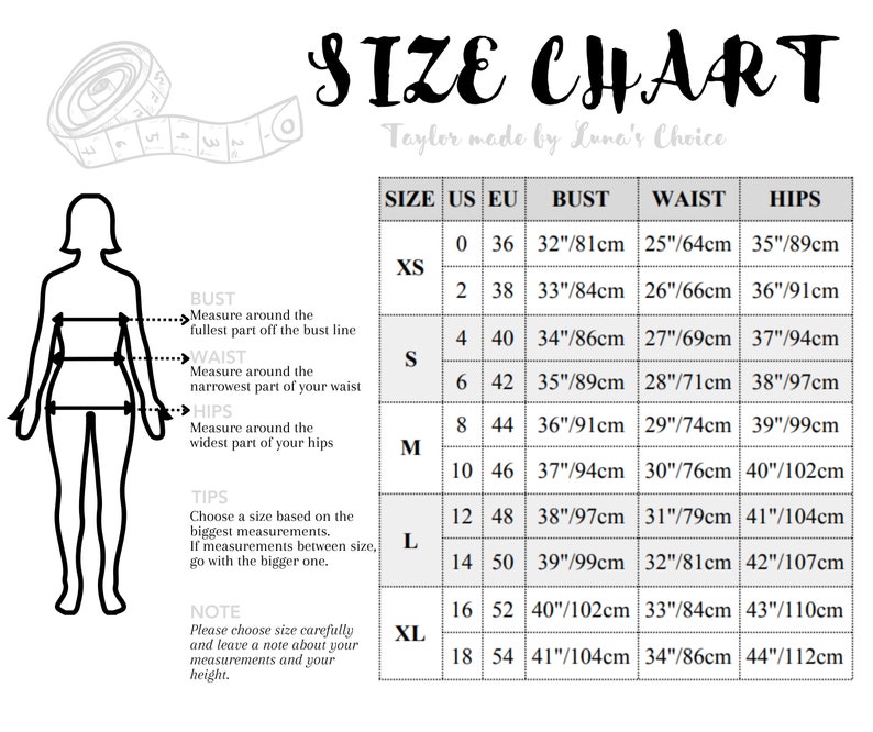 Op de afbeelding: Maattabel met borst-, taille- en heupmaten in inches en centimeters. Maten vari&euml;rend van XS tot XL, met US- en EU-equivalenten. De tekst luidt "SIZE CHART" en "Taylor made by Luna's Choice."