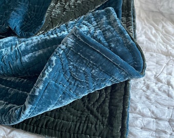Blue Silk Velvet Comforter Set|Hand Quilted Silk Velvet Duvet Blanket and Pillowcases| Gorgeous Mulberry Silk Bedspread