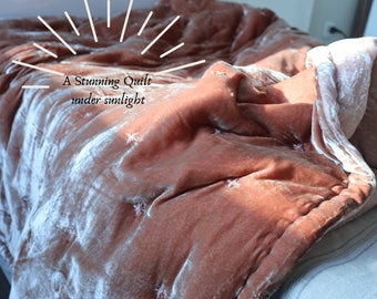 Hand Stitched Silk Velvet Quilt: Cinnamon & Eggshell Bedspread
