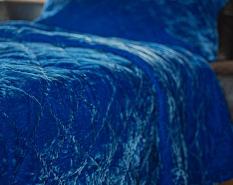 Egyptian Blue Silk Velvet Quilt| Silk Velvet Blanket and Pillow Cover Set| Unique Christmas Gift to Your Parents|Washable Silk Velvet