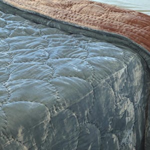 Blue and Cinnamon Silk Velvet Throw Blanket| Hand Quilted Bedspread| Unique Christmas Gifts