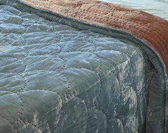Blue and Cinnamon Silk Velvet Throw Blanket| Hand Quilted Bedspread| Unique Christmas Gifts
