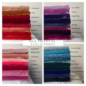 May include: A collection of silk velvet fabric swatches in various colors, including red, pink, blue, green, and purple. The swatches are arranged in rows and labeled with their corresponding color names. The text "SILK VELVET BY LUNA'S CHOICE" is printed at the bottom of the image.