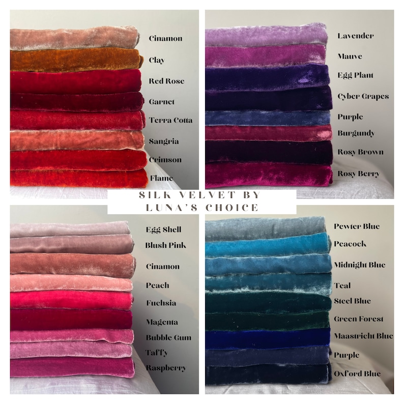 May include: A collection of silk velvet fabric swatches in various colors, including red, pink, blue, green, and purple. The swatches are arranged in rows and labeled with their corresponding color names. The text "SILK VELVET BY LUNA'S CHOICE" is printed at the bottom of the image.