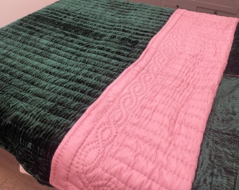 Green Silk Velvet Quilt Bedpread Bed Runner| Silk Velvet and Mulberry Silk Blanket| Handmade Silk Blanket|Customize Silk Bedding Set