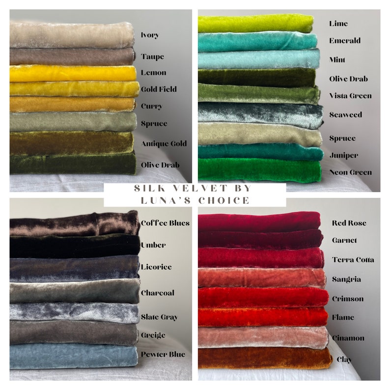 K&ouml;nnte beinhalten: Eine Sammlung von Stoffproben in verschiedenen Farben, darunter Elfenbein, Taupe, Zitrone, Goldfeld, Curry, Fichte, Antikgold, Olivgr&uuml;n, Limette, Smaragd, Minze, Olivgr&uuml;n, Vista Gr&uuml;n, Seetang, Fichte, Wacholder, Neongr&uuml;n, Kaffeeblau, Umbra, Lakritz, Anthrazit, Schiefergrau, Greige, Zinnblau, Rotrose, Granat, Terrakotta, Sangria, Scharlachrot, Flamme, Zimt und Ton. Die Proben sind in zwei Spalten angeordnet, mit dem Text "SILK VELVET BY LUNA'S CHOICE" in der Mitte.