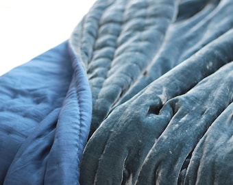 Hand Quilted Midnight Blue Silk Velvet Bedding Set: Mulberry Silk Blanket & Pillowcases