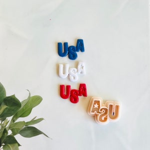May include: Four cookie cutters in the shape of the word "USA" in blue, white, red, and beige. The cutters have a star design.