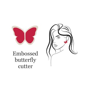 May include: Embossed butterfly cutter. A line drawing of a woman with red butterfly earrings.