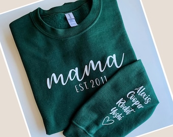 Personalized mama sweatshirt with name on sleeve. Custom sweatshirt gift for mom with year & name. Gift for new mom, dog mom, Mother's day.