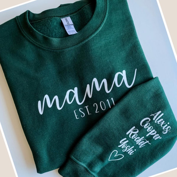 Personalized mama sweatshirt with name on sleeve. Custom sweatshirt gift for mom with year & name. Gift for new mom, dog mom, Mother's day.