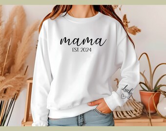 Personalized mama sweatshirt with name on sleeve. Custom sweatshirt gift for mom with year & name. Gift for new mom, dog mom, Mother's day.