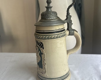 Vintage Antique German Beer Stein Lidded Pewter Engraved Ernst Huf  0.5L