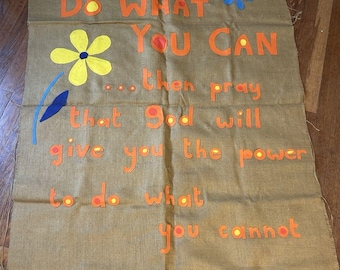 Vintage GROOVY 1960s Burlap & Felt Inspirational Tapestry Art Wall Hanging