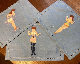 Vintage Cocktail Napkins Risque  Pin Up Girls Madeira Embroidered Linen LOT 5