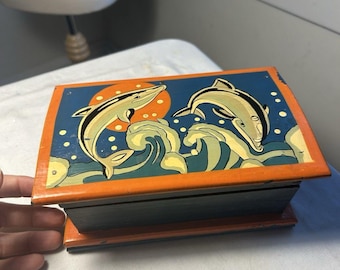 Dolphins Vintage 1970s Wooden Handpainted Jewelry Box Cottagecore Dolphin Sea