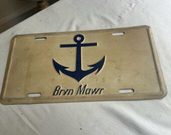 Vintage Bryn Mawr PA College + Anchor Metal License Plate 70's girls University