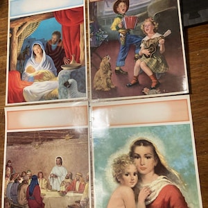 4 Vintage Color Art Poster Print Jesus Christian Madonna & Child Kitsch Wall Art
