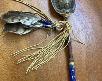 Native American beaded & Feathers RATTLE Navajo musical Instrument Maraca