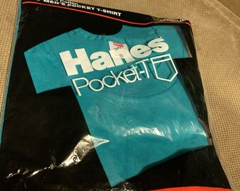 Vintage NEW old Stock 1987 Hanes Men’s Pocket-T Shirt Blue Jade Teal Medium