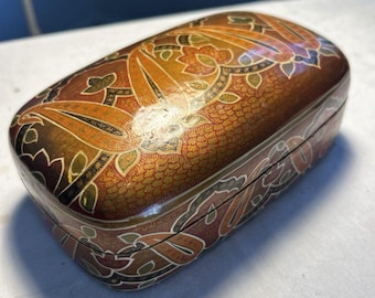 Vintage Kashmir Indus 1970s Wooden Handpainted Jewelry Trinket Box Domed Lid