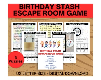 以下が含まれることがあります： 誕生日スタッシュ脱出ゲームのデジタルダウンロード。このゲームには、ソロプレイヤーまたはチームに最適な6つのエキサイティングなパズルが含まれています。デザインはカラフルなイラストと「Birthday Stash Escape Room Game」のテキストが特徴です。