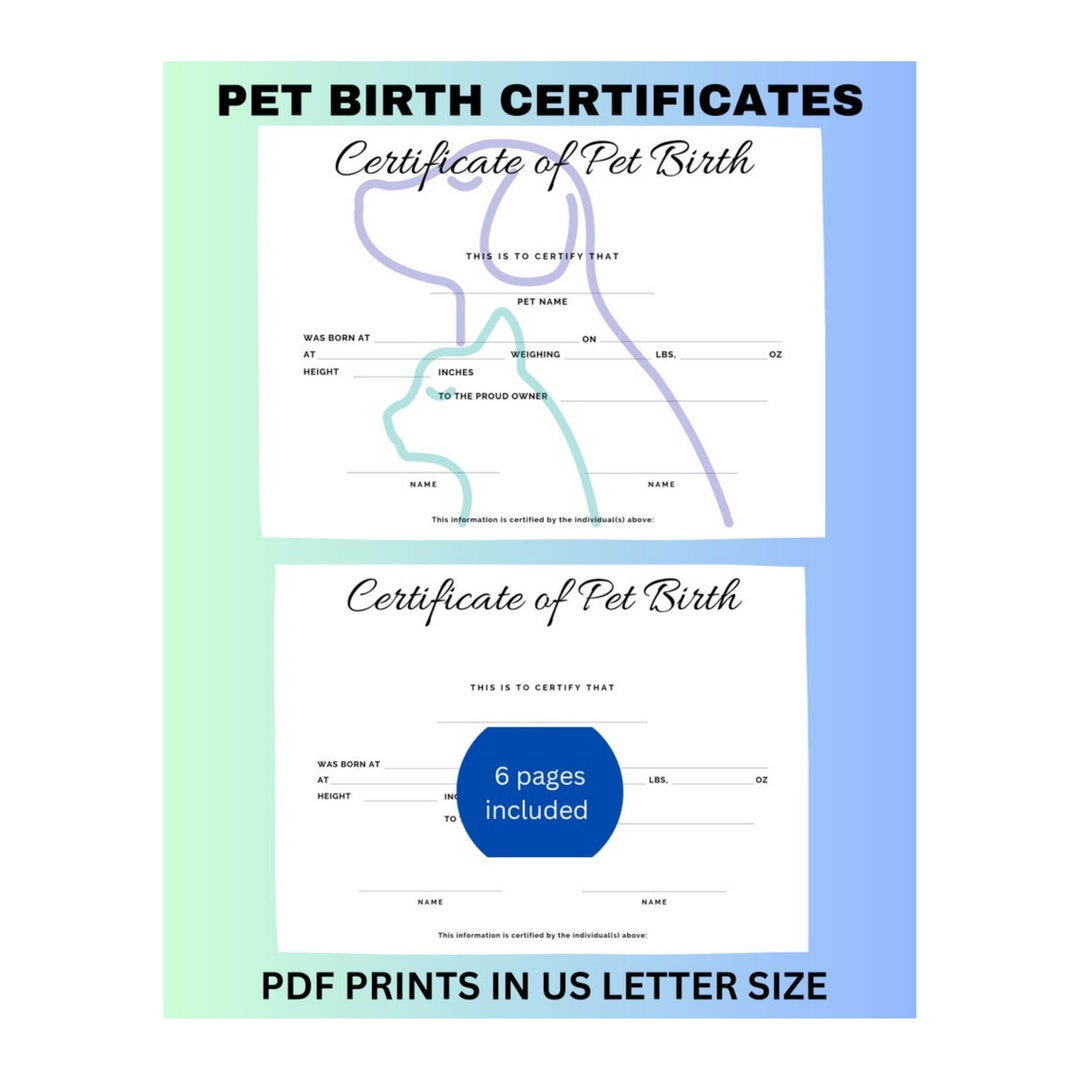 Printable Pet Birth Certificate, Printable Animal Birth Certificate, Certificate of Birth - Etsy