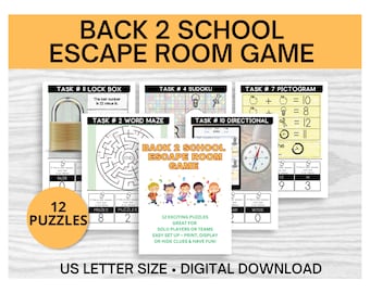 May include: A printable escape room game for kids themed around going back to school. The game includes 12 puzzles, such as a lock box, word maze, sudoku, pictogram, and directional puzzles. The game is designed for solo players or teams and is easy to set up. The game is available in US letter size.