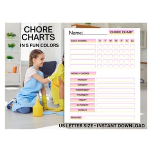May include: Printable chore chart with a pink and yellow colour scheme. The chart includes sections for daily chores, weekly chores, and a reward section. The chart is designed for children and features a space for a name at the top.