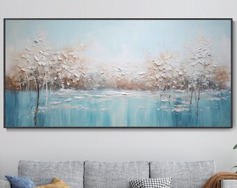Abstract Lake Landscape Oil Painting Original Snowy Woods Texture Painting Blue White  Minimalist Art Creative Mural Modern Home Wall Decor