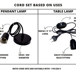 Approx. 1m (3.3ft) long hanging cord fitting standard E26/E27 light sockets (bulb not included)
Recommended bulb is 110-240V. Soft white light will make your cozy looks warmer. Energy saver or LED light bulbs with max. 60W are recommended.